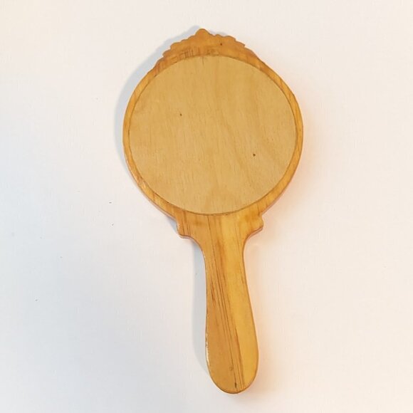 Vintage Handheld Mirror Vanity Balsa Wood Carved Floral Lacquered - Picture 3 of 4